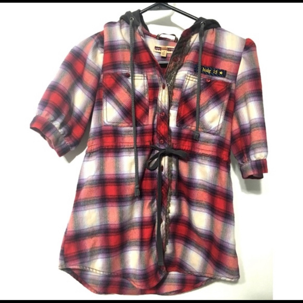 Free People Red Plaid Hoodie Size- 0